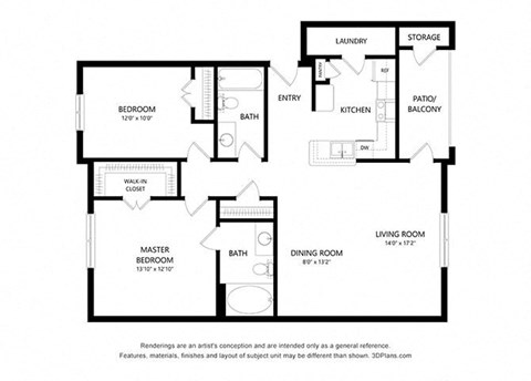 2 Bedroom Floor Plan at Five Mile Creek, Dallas